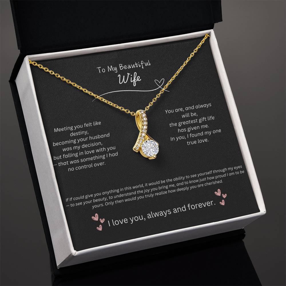 My Beautiful Wife Alluring Beauty necklace with a petite ribbon shaped pendant.