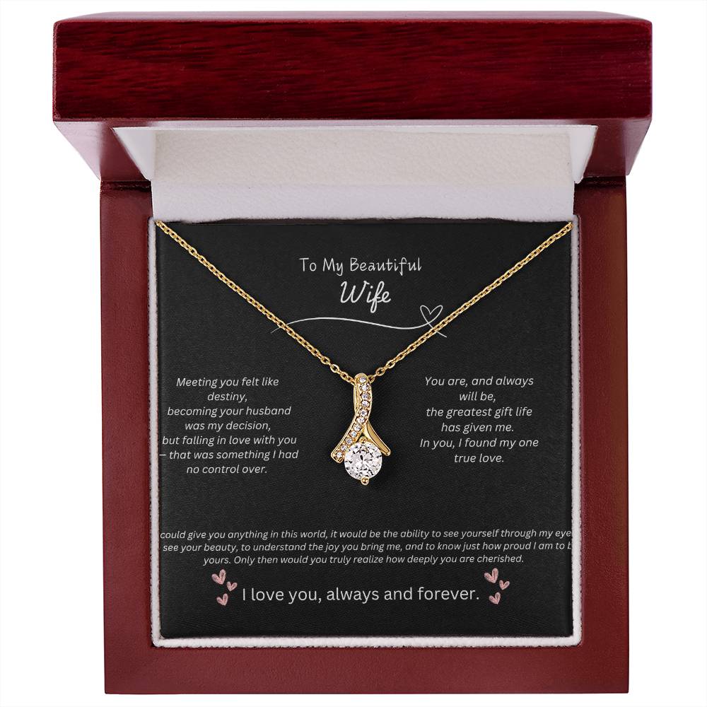 My Beautiful Wife Alluring Beauty necklace with a petite ribbon shaped pendant.