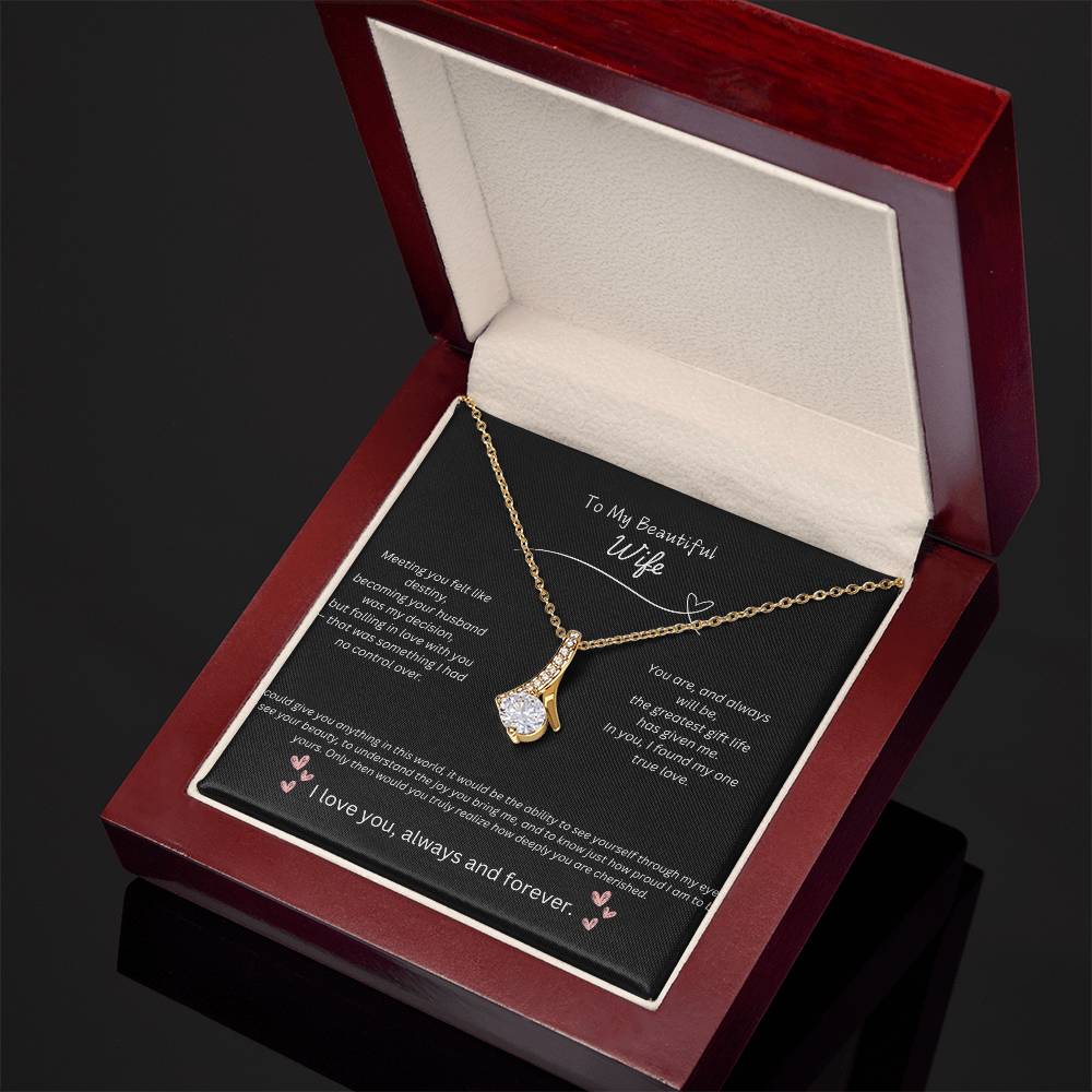 My Beautiful Wife Alluring Beauty necklace with a petite ribbon shaped pendant.