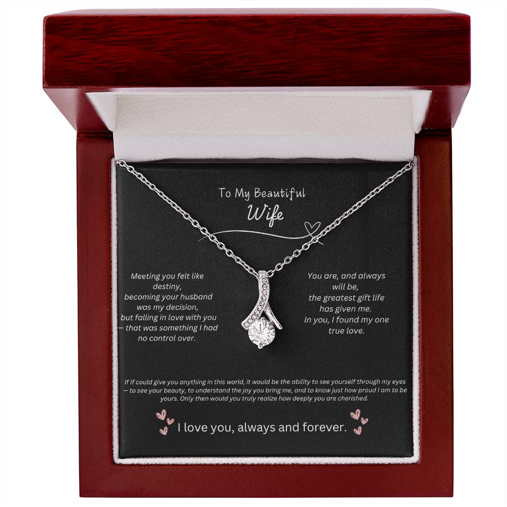 My Beautiful Wife Alluring Beauty necklace with a petite ribbon shaped pendant.